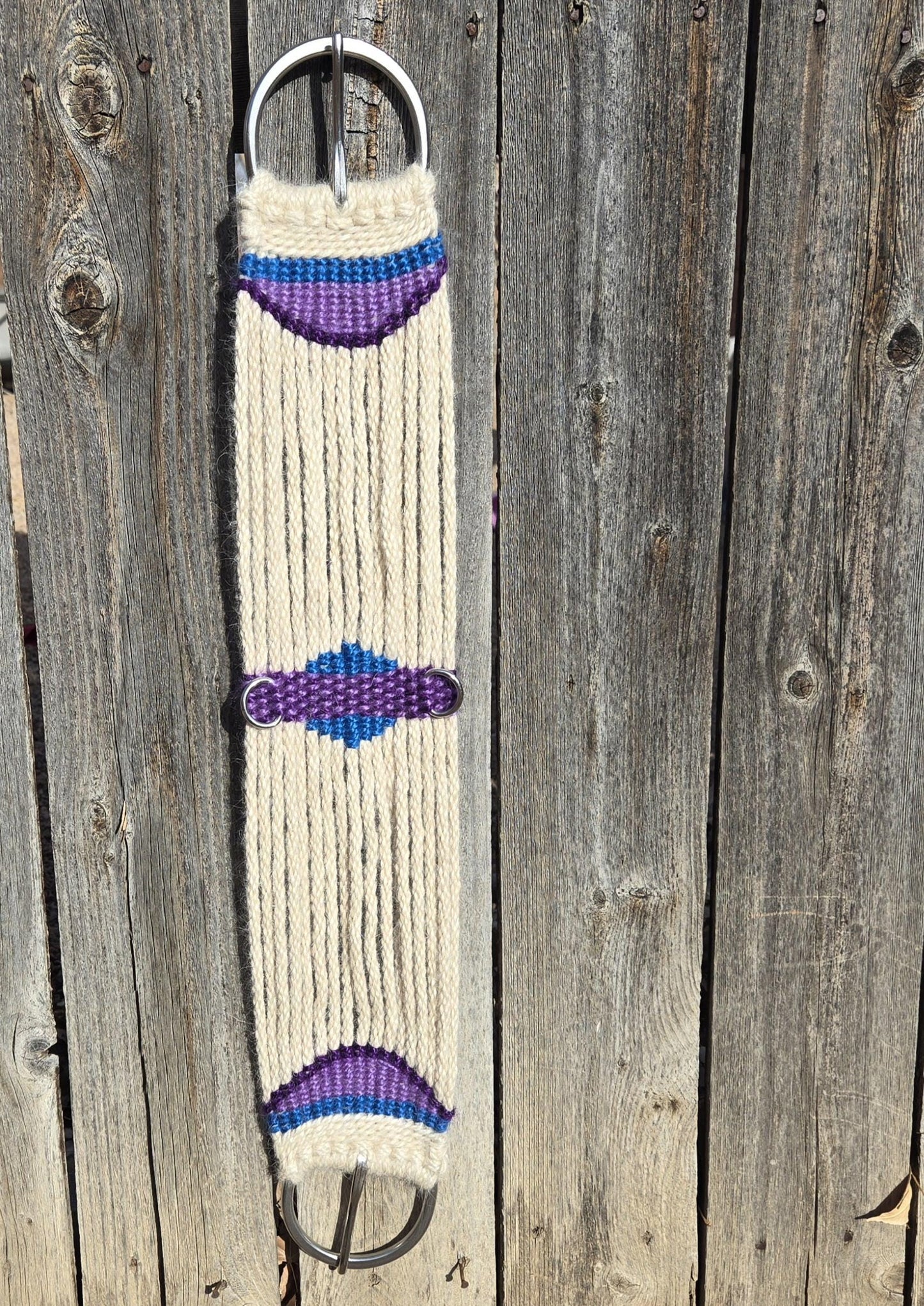 30" Mohair Cinch with Stainless Steel Buckles for Western Horseback Riding, Handmade from 100% Woven Mohair Cord, Tan with blue and purple