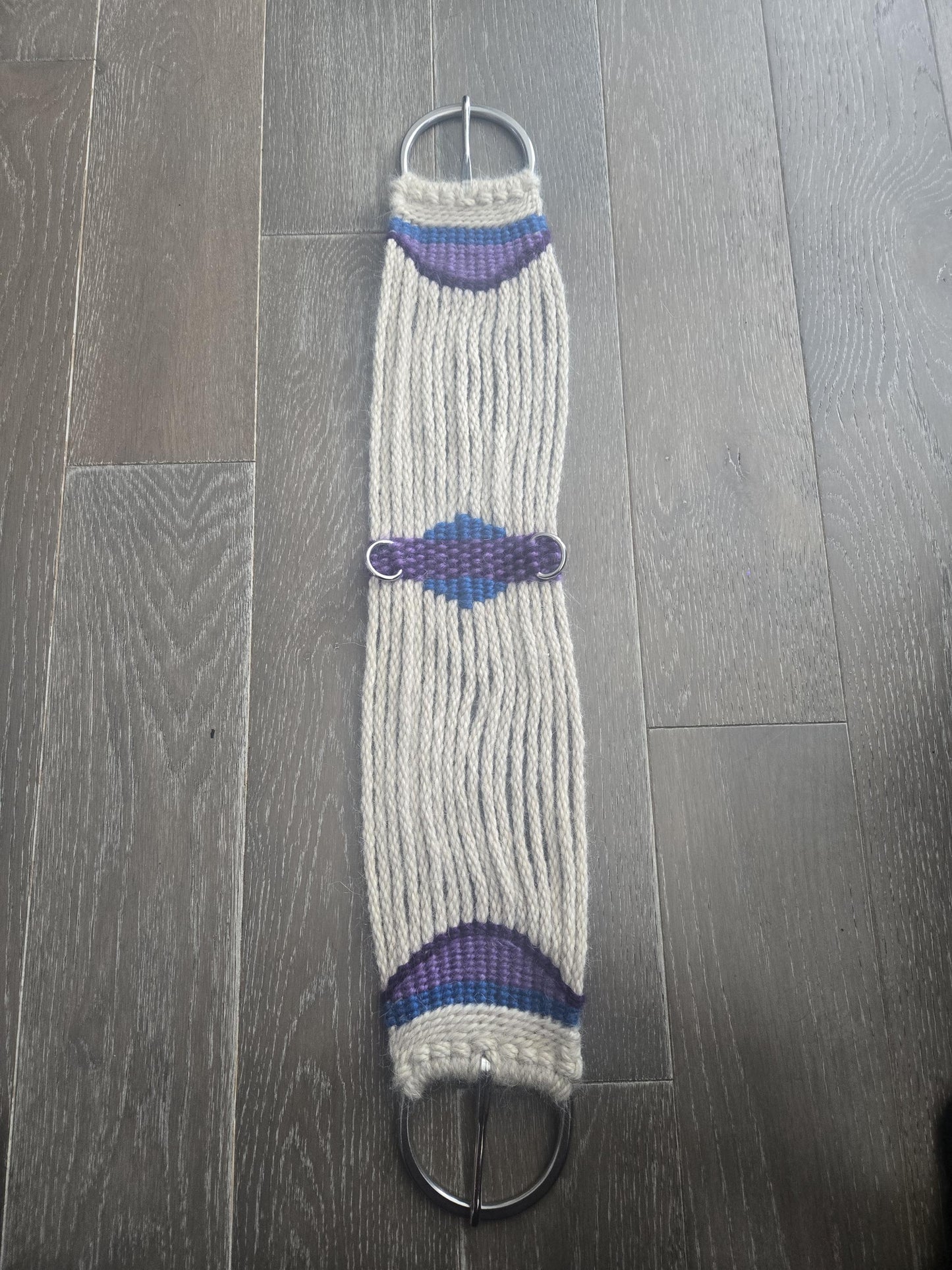 30" Mohair Cinch with Stainless Steel Buckles for Western Horseback Riding, Handmade from 100% Woven Mohair Cord, Tan with blue and purple