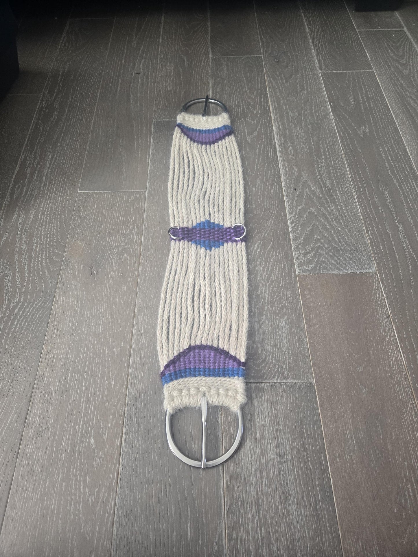 30" Mohair Cinch with Stainless Steel Buckles for Western Horseback Riding, Handmade from 100% Woven Mohair Cord, Tan with blue and purple