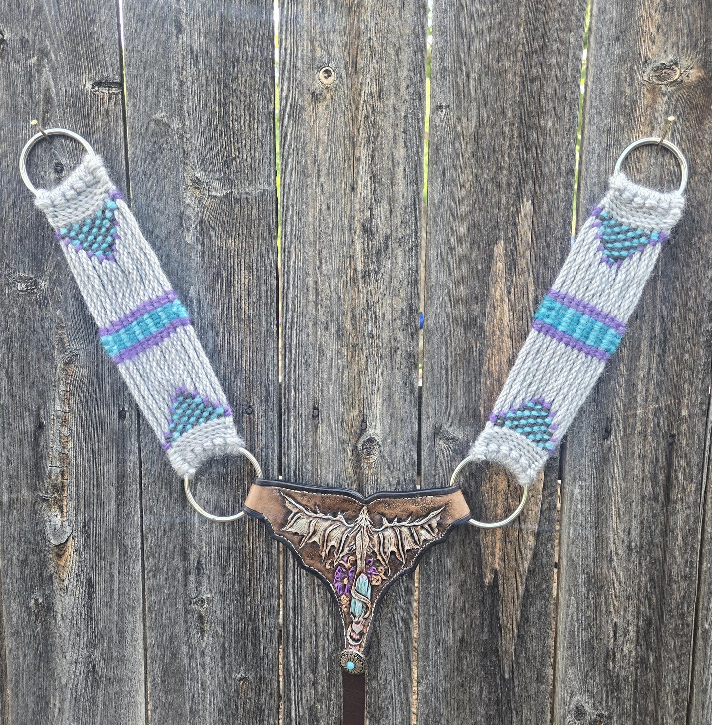 Mohair Gladiator Style Western Horseback Riding Breast Collar w Stainless Rings + Buckles, Leather Tugs, Hand Tooled Dragon, Equestrian Gift