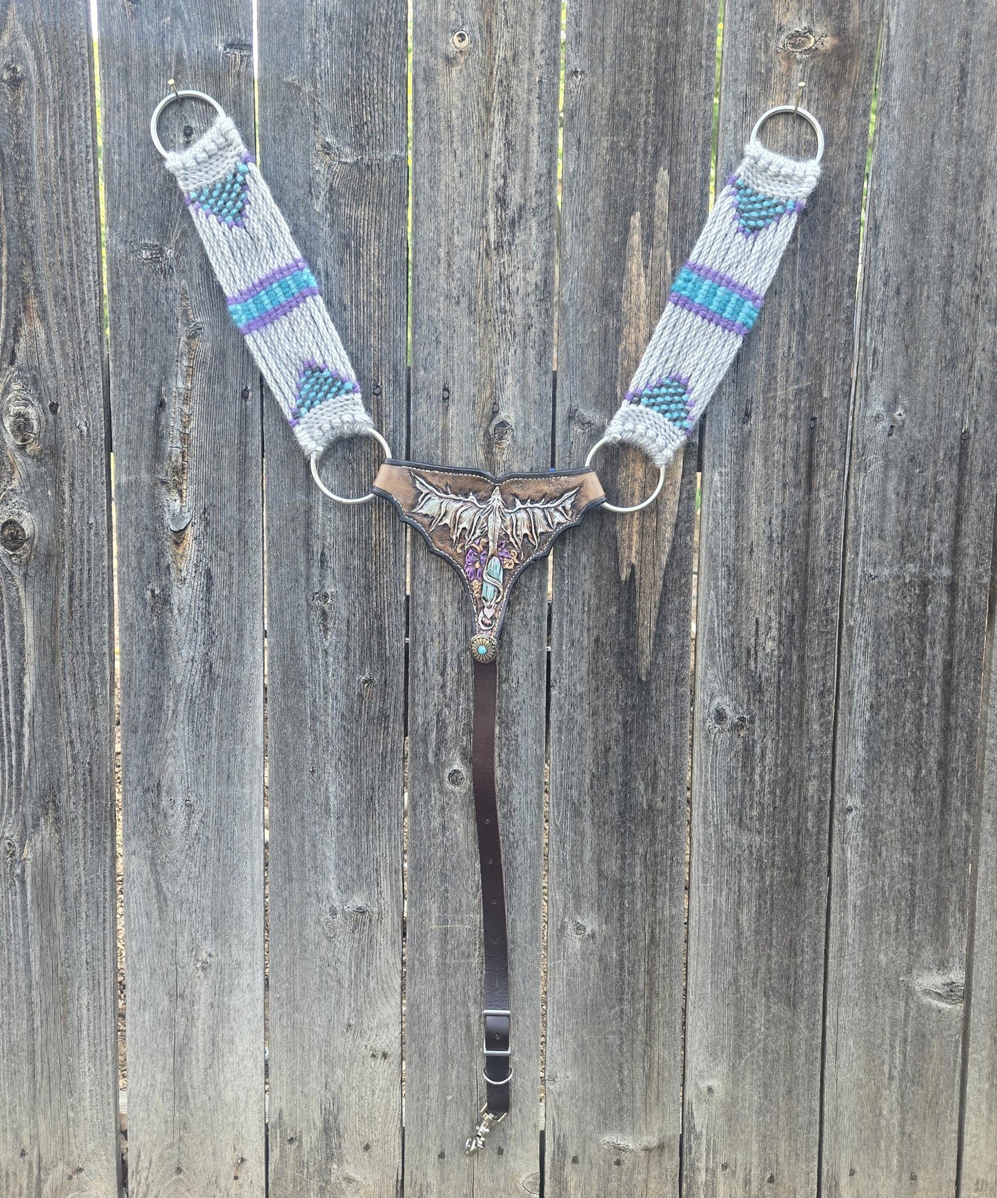 Mohair Gladiator Style Western Horseback Riding Breast Collar w Stainless Rings + Buckles, Leather Tugs, Hand Tooled Dragon, Equestrian Gift
