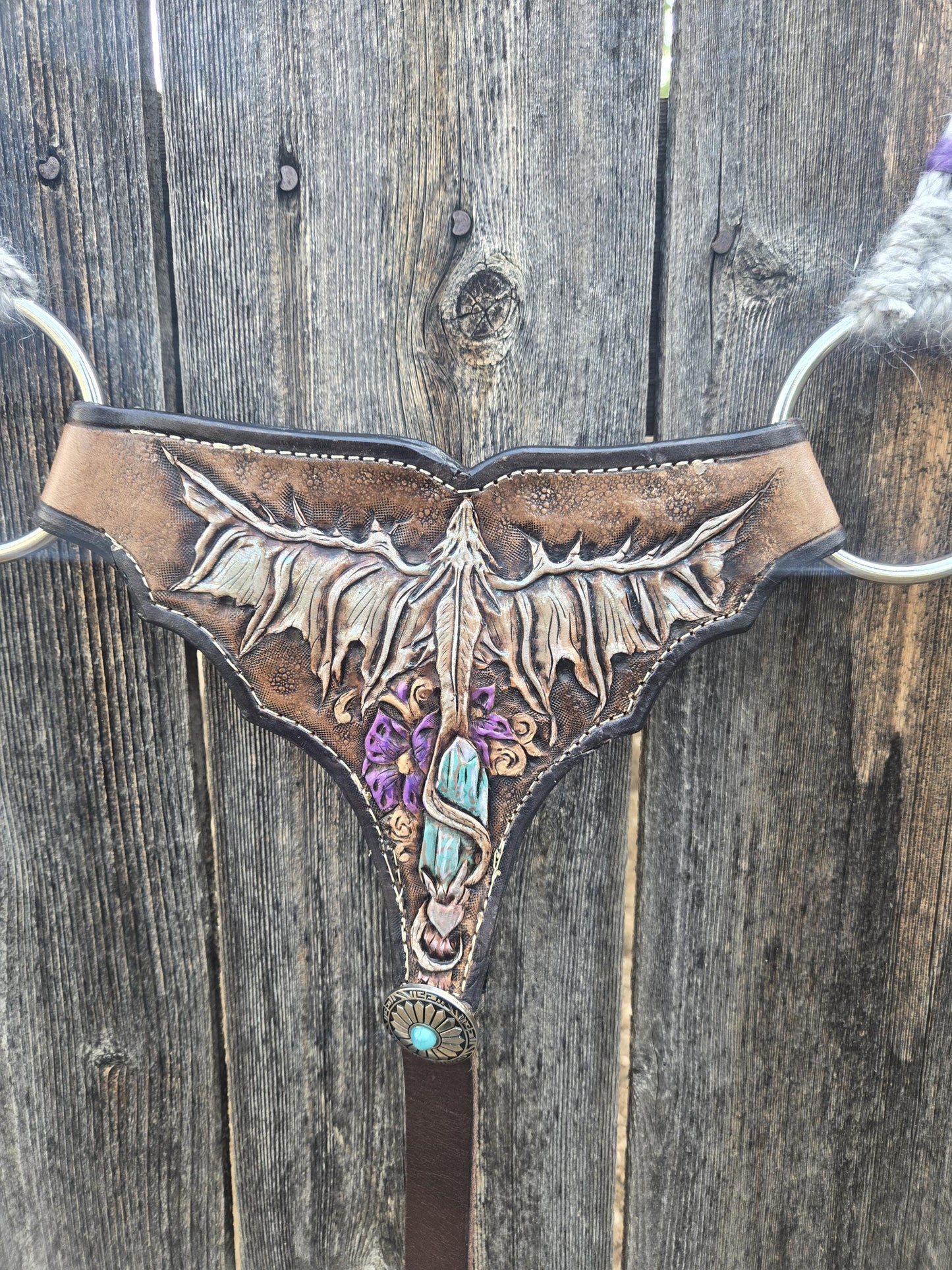 Mohair Gladiator Style Western Horseback Riding Breast Collar w Stainless Rings + Buckles, Leather Tugs, Hand Tooled Dragon, Equestrian Gift