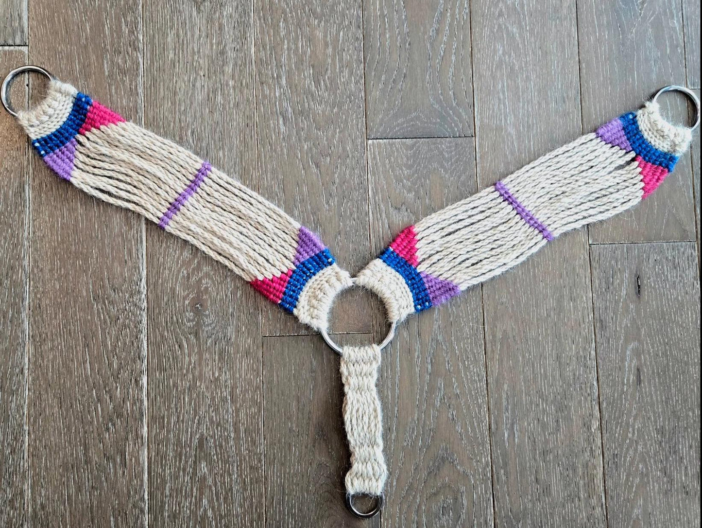 100% Mohair Breast Collar, Equestrian Tack Set for Western Horseback Riding, w/ Stainless Steel Buckles + Leather Tugs, Tan Pink + Blue