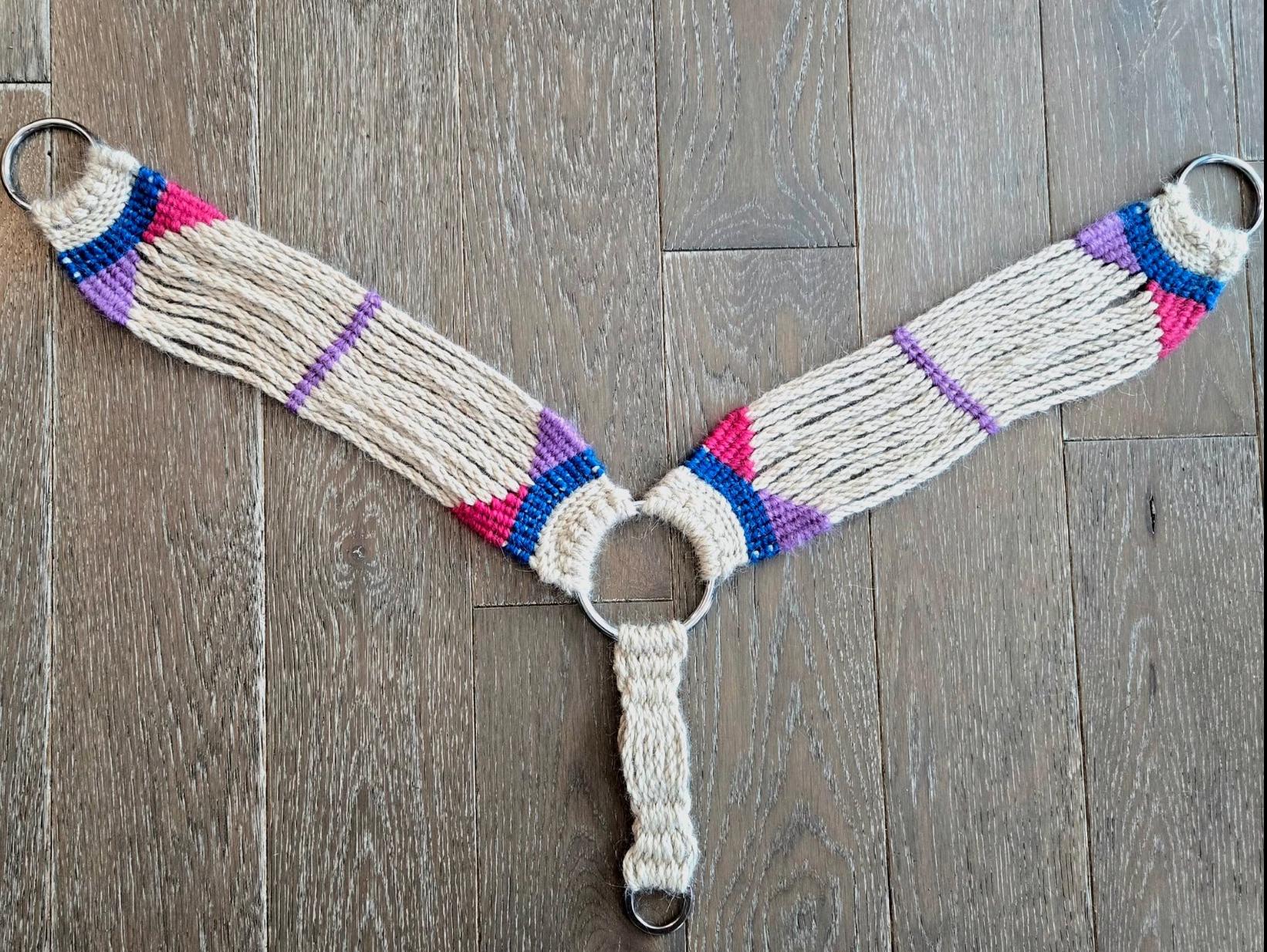 100% Mohair Breast Collar, Equestrian Tack Set for Western Horseback Riding, w/ Stainless Steel Buckles + Leather Tugs, Tan Pink + Blue