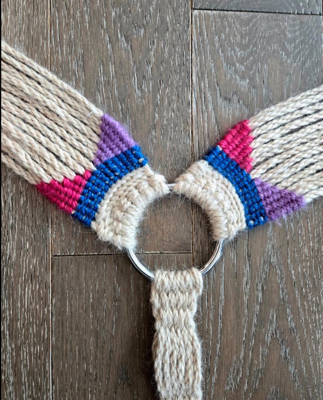 100% Mohair Breast Collar, Equestrian Tack Set for Western Horseback Riding, w/ Stainless Steel Buckles + Leather Tugs, Tan Pink + Blue