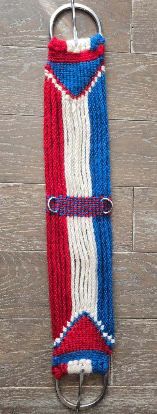30" Handmade 100% Mohair Tied Cord Western Riding Cinch with Stainless Steel Buckles - Red, White, and Blue Americana Patriotic