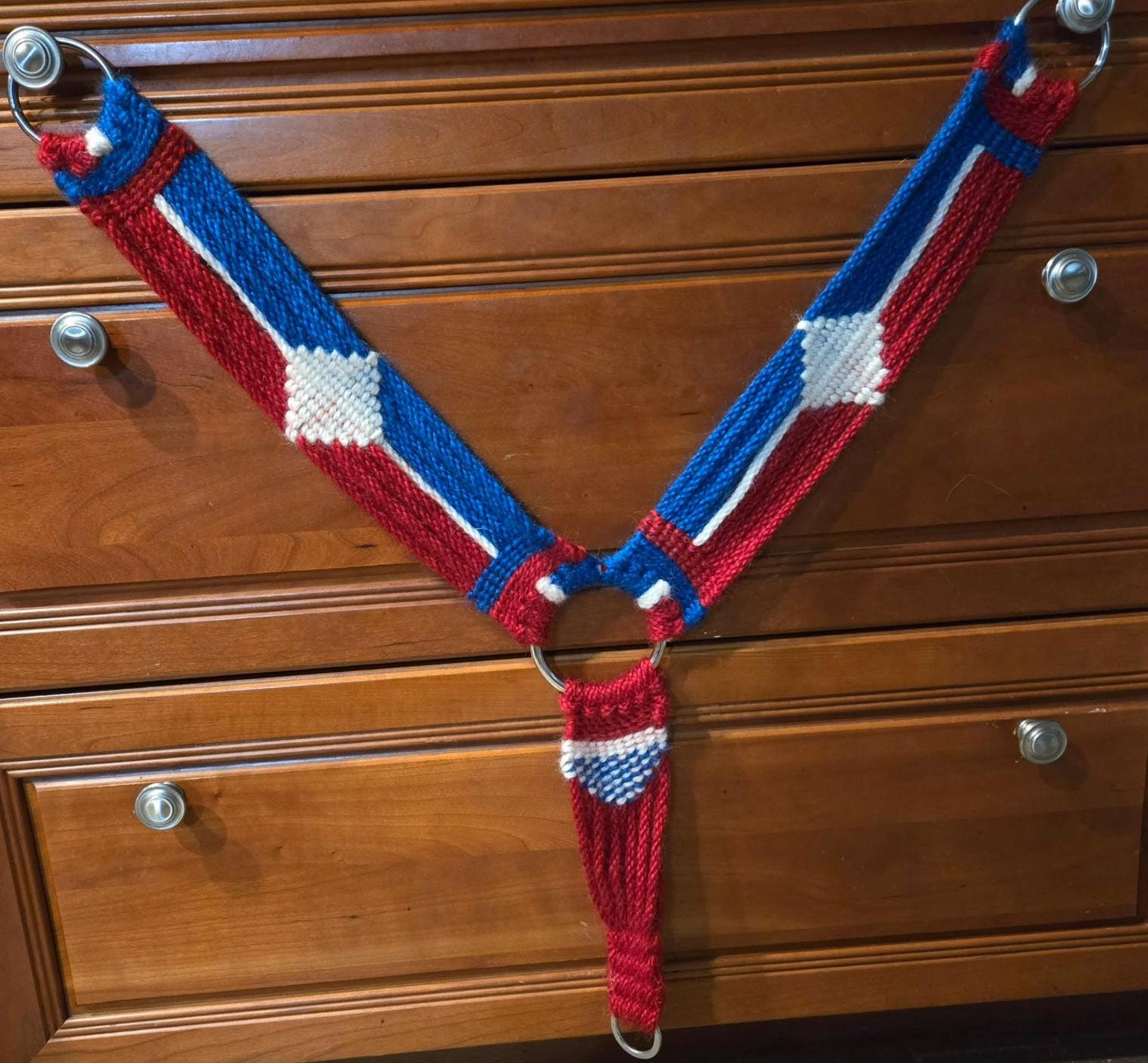100% Mohair Breast Collar, Equestrian Tack Set for Western Horseback Riding, Stainless Steel Buckles, Leather Tugs, Red White Blue