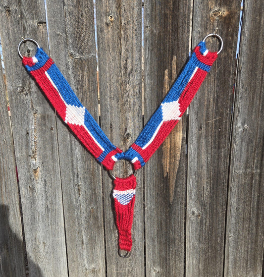 100% Mohair Breast Collar, Equestrian Tack Set for Western Horseback Riding, Stainless Steel Buckles, Leather Tugs, Red White Blue