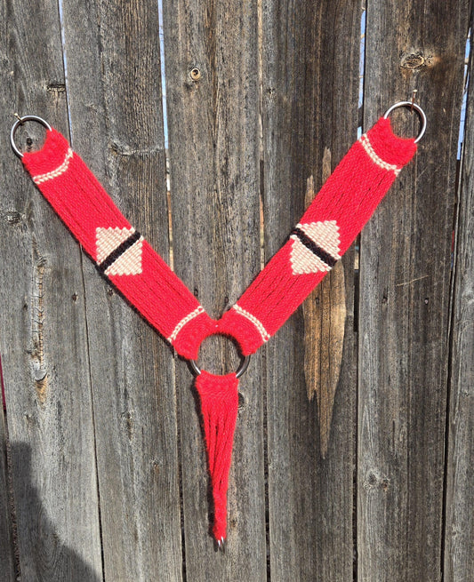 100% Mohair Breast Collar, Equestrian Tack Set for Western Horseback Riding, w Stainless Steel Buckles + Herman Oak Leather Tugs, Red + Tan