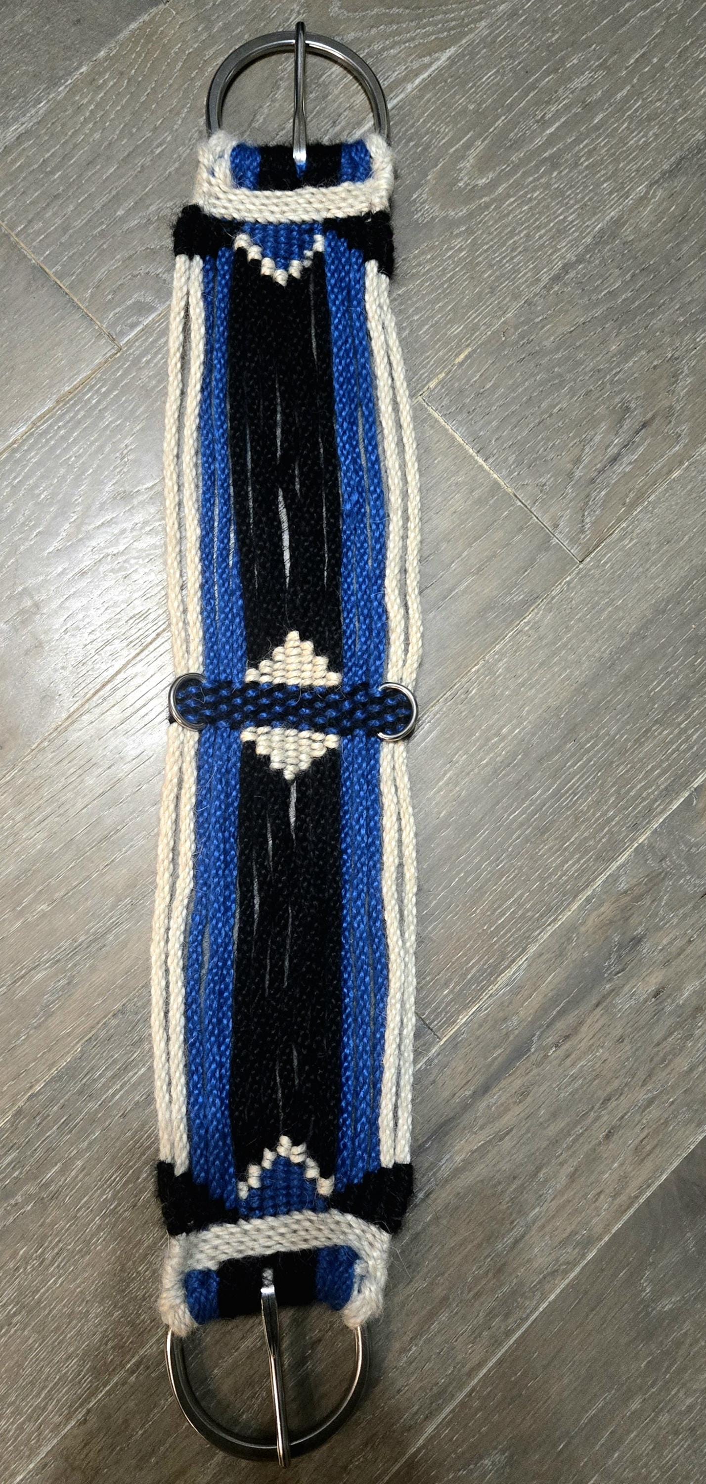 30" Mohair Cinch with Stainless Steel Buckles, for Wester Horseback Riding, Handmade from 100% Mohair Tied Cord, Blue Black and Tan