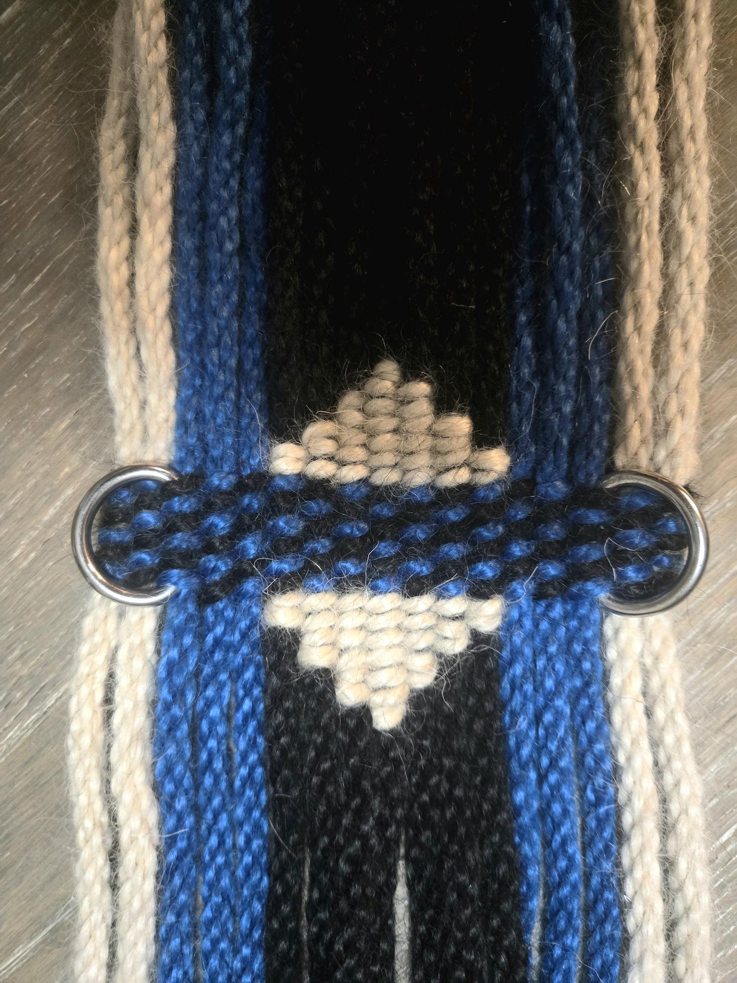 30" Mohair Cinch with Stainless Steel Buckles, for Wester Horseback Riding, Handmade from 100% Mohair Tied Cord, Blue Black and Tan