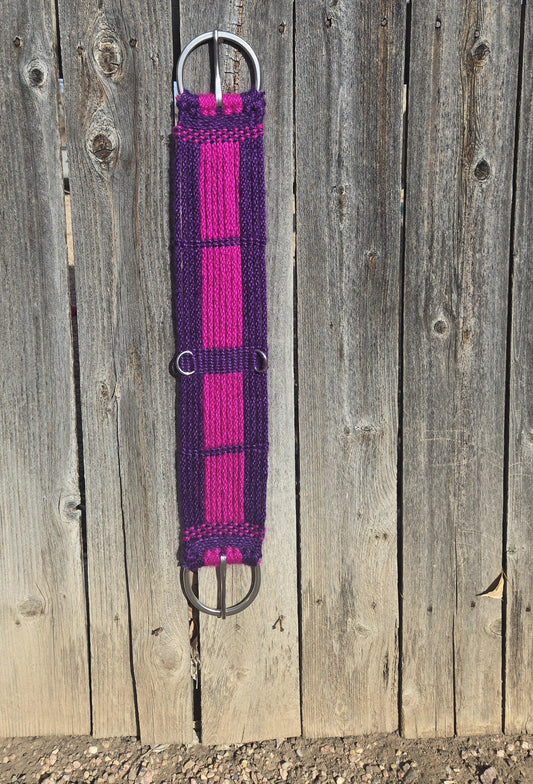 29" Mohair Cinch with Stainless Buckles for Western Horseback Riding, Handmade from 100% Mohair Woven Cord, Purple and Fuchsia