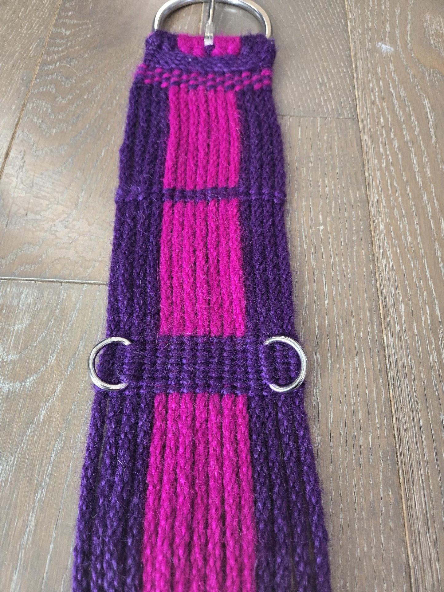 29" Mohair Cinch with Stainless Buckles for Western Horseback Riding, Handmade from 100% Mohair Woven Cord, Purple and Fuchsia