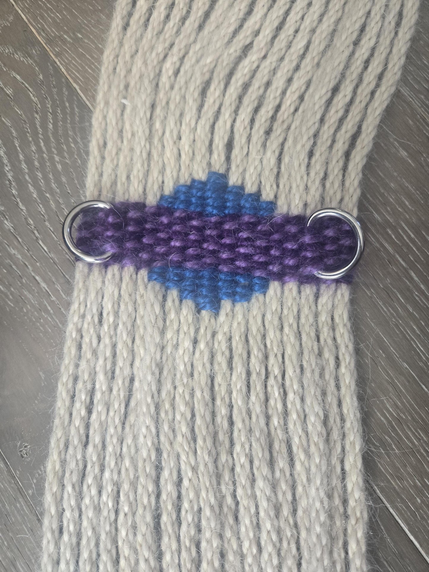 30" Mohair Cinch with Stainless Steel Buckles for Western Horseback Riding, Handmade from 100% Woven Mohair Cord, Tan with blue and purple