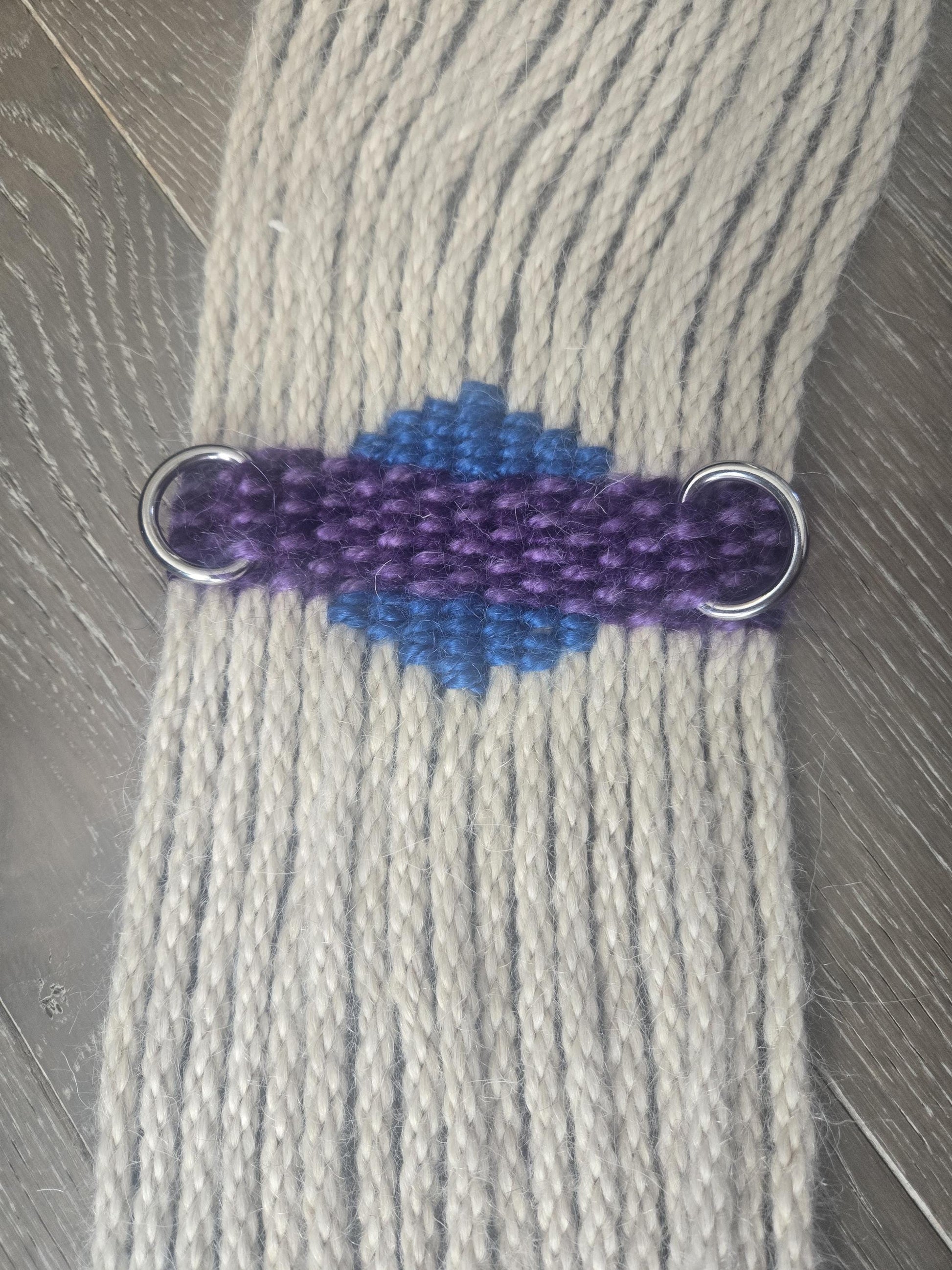 30" Mohair Cinch with Stainless Steel Buckles for Western Horseback Riding, Handmade from 100% Woven Mohair Cord, Tan with blue and purple