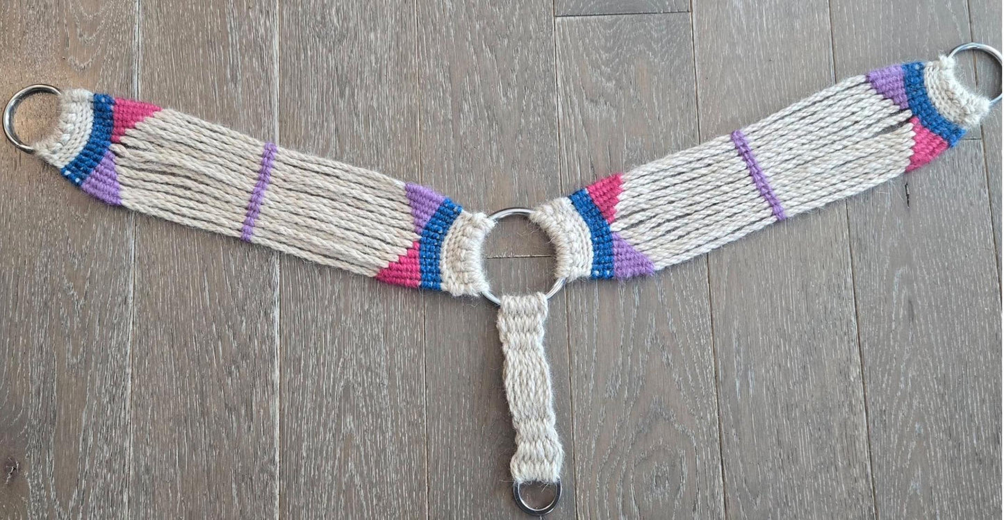 100% Mohair Breast Collar, Equestrian Tack Set for Western Horseback Riding, w/ Stainless Steel Buckles + Leather Tugs, Tan Pink + Blue