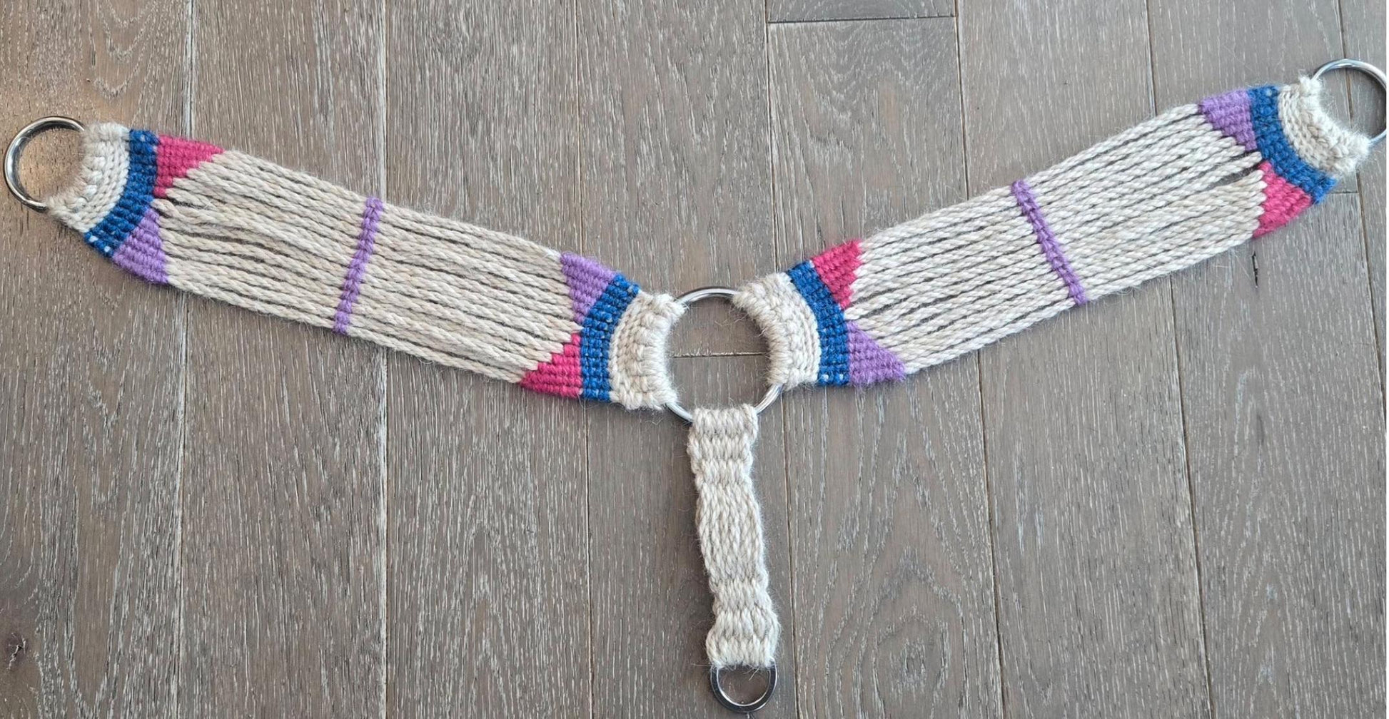 100% Mohair Breast Collar, Equestrian Tack Set for Western Horseback Riding, w/ Stainless Steel Buckles + Leather Tugs, Tan Pink + Blue