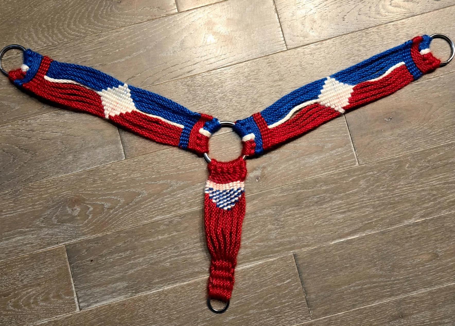 100% Mohair Breast Collar, Equestrian Tack Set for Western Horseback Riding, Stainless Steel Buckles, Leather Tugs, Red White Blue