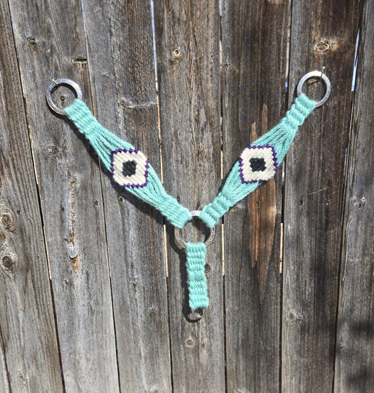 100% Mohair Western Horseback Riding Breast Collar w/ Stainless Steel Rings + Buckles, Handmade, w Herman Oak Leather Tugs, Mint evil eye