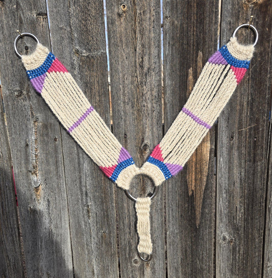 100% Mohair Breast Collar, Equestrian Tack Set for Western Horseback Riding, w/ Stainless Steel Buckles + Leather Tugs, Tan Pink + Blue
