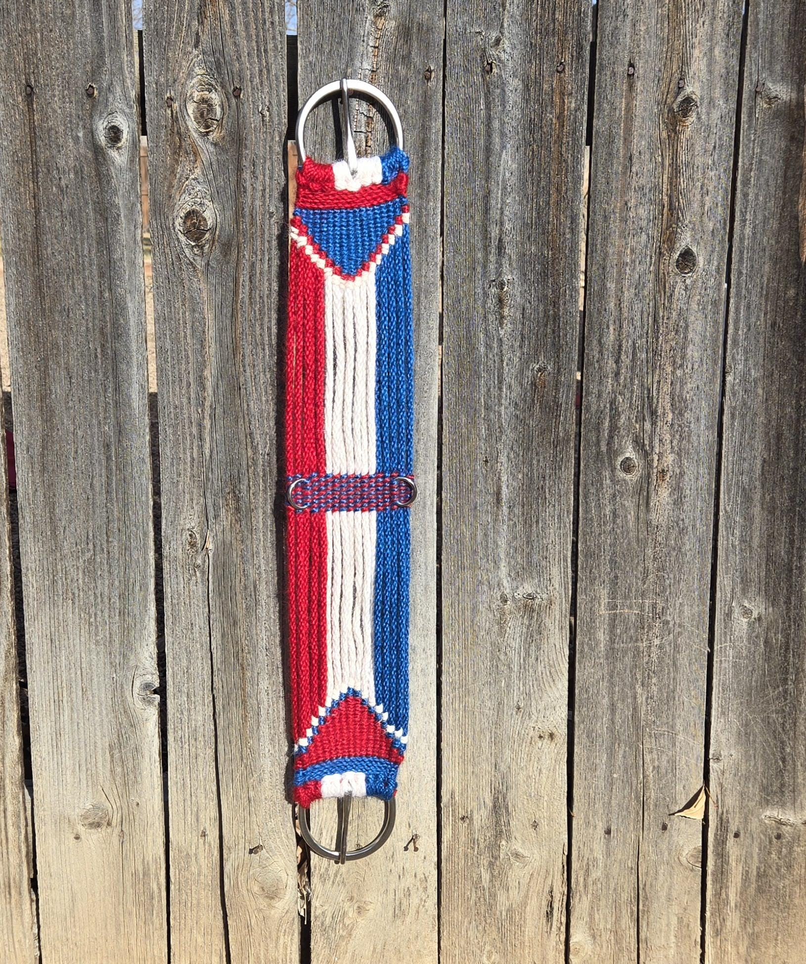 30" Handmade 100% Mohair Tied Cord Western Riding Cinch with Stainless Steel Buckles - Red, White, and Blue Americana Patriotic