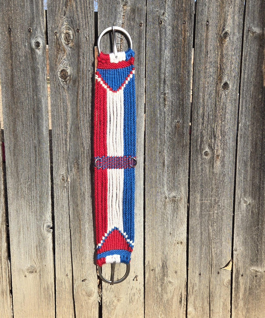 30" Handmade 100% Mohair Tied Cord Western Riding Cinch with Stainless Steel Buckles - Red, White, and Blue Americana Patriotic