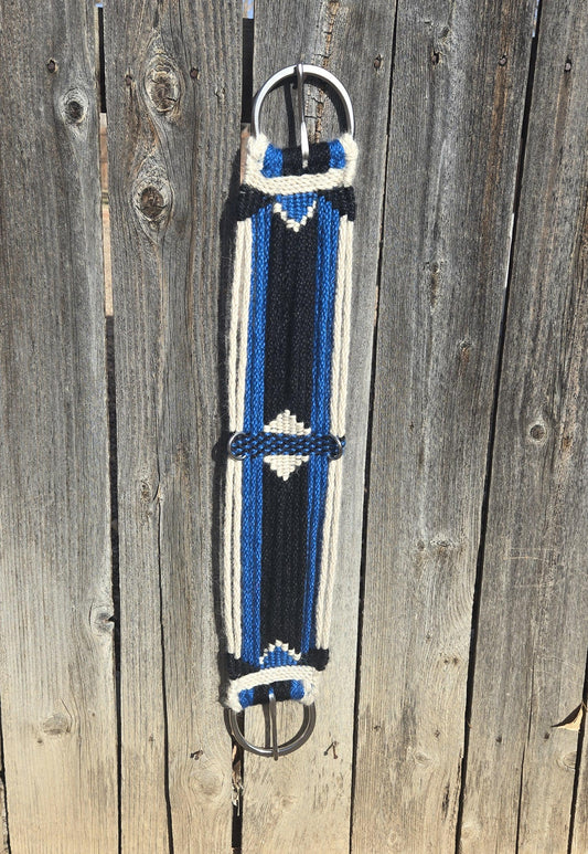 30" Mohair Cinch with Stainless Steel Buckles, for Wester Horseback Riding, Handmade from 100% Mohair Tied Cord, Blue Black and Tan