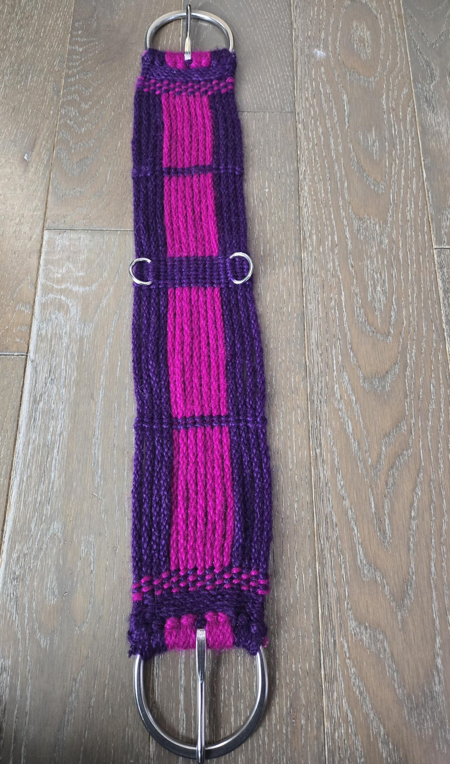 29" Mohair Cinch with Stainless Buckles for Western Horseback Riding, Handmade from 100% Mohair Woven Cord, Purple and Fuchsia
