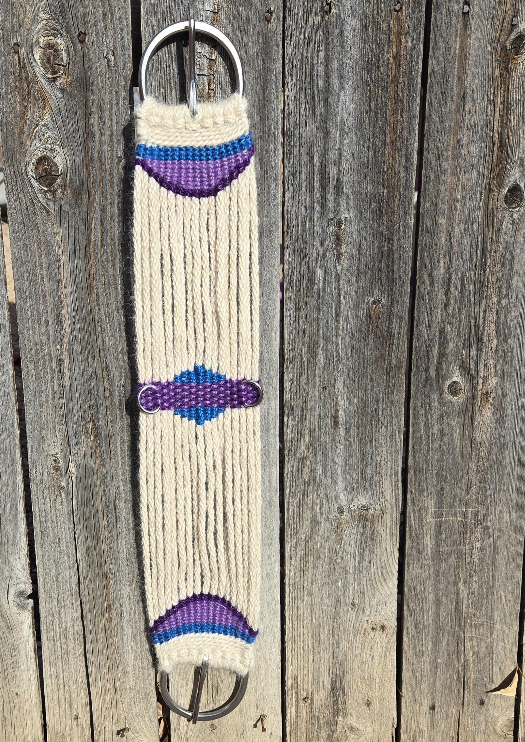30" Mohair Cinch with Stainless Steel Buckles for Western Horseback Riding, Handmade from 100% Woven Mohair Cord, Tan with blue and purple