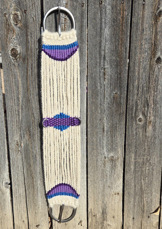 30" Mohair Cinch with Stainless Steel Buckles for Western Horseback Riding, Handmade from 100% Woven Mohair Cord, Tan with blue and purple