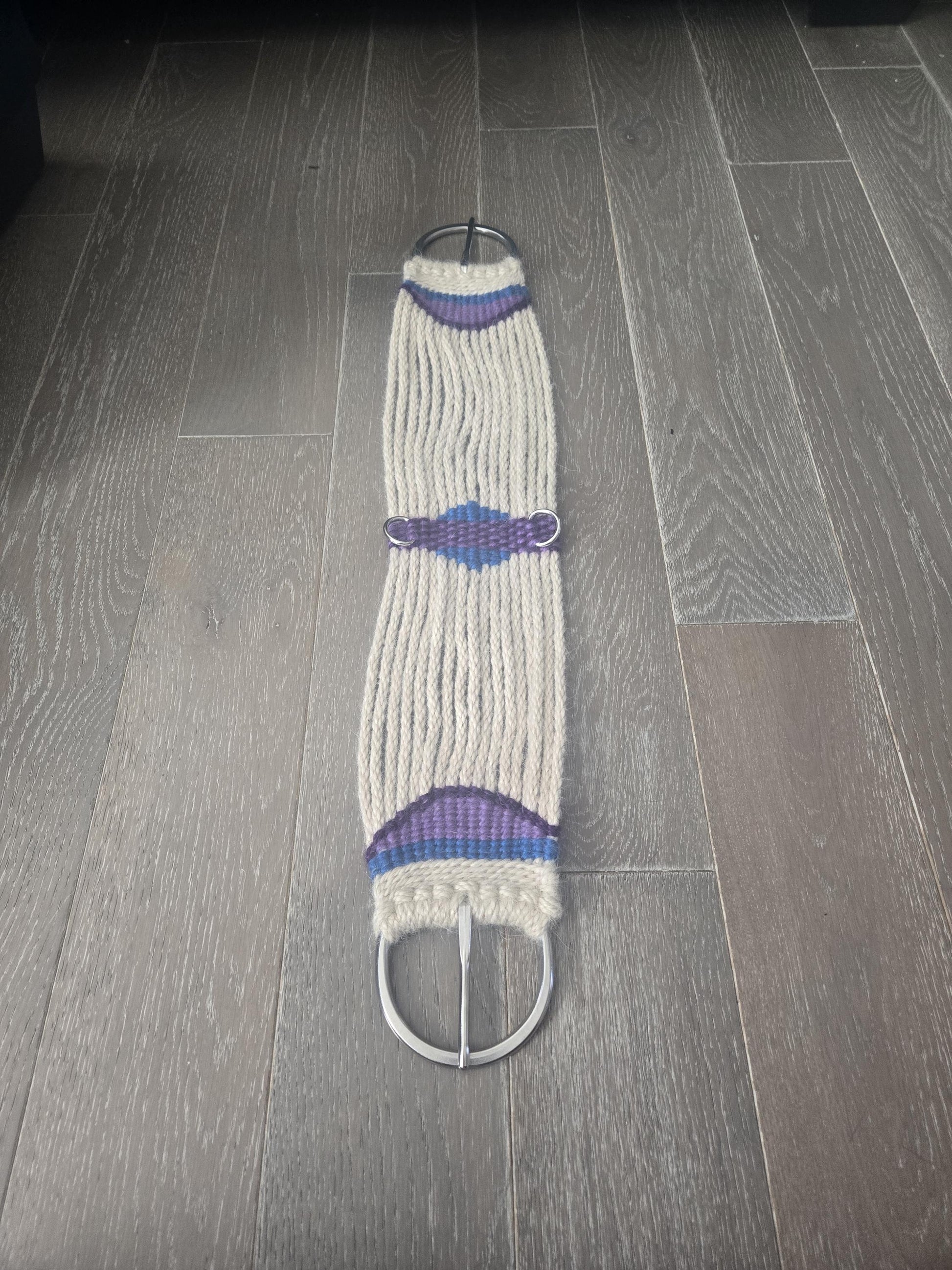 30" Mohair Cinch with Stainless Steel Buckles for Western Horseback Riding, Handmade from 100% Woven Mohair Cord, Tan with blue and purple