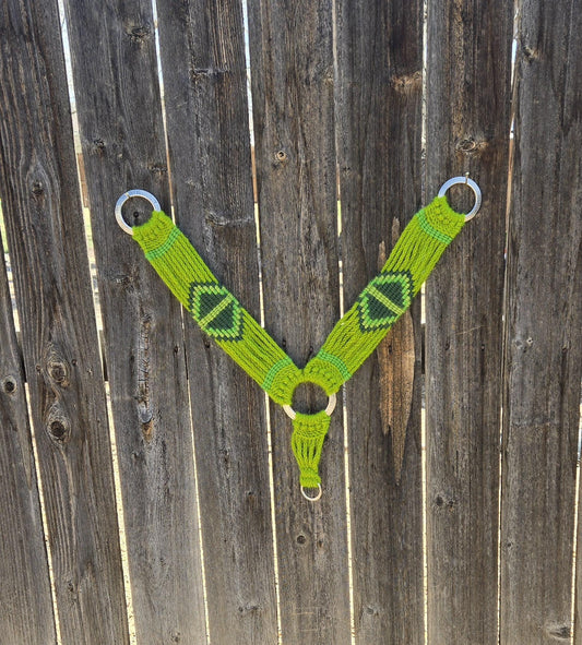 100% Mohair Breast Collar, Equestrian Tack Set for Western Horseback Riding, w/ Stainless Steel Buckles + Leather Tugs, Green, Handmade