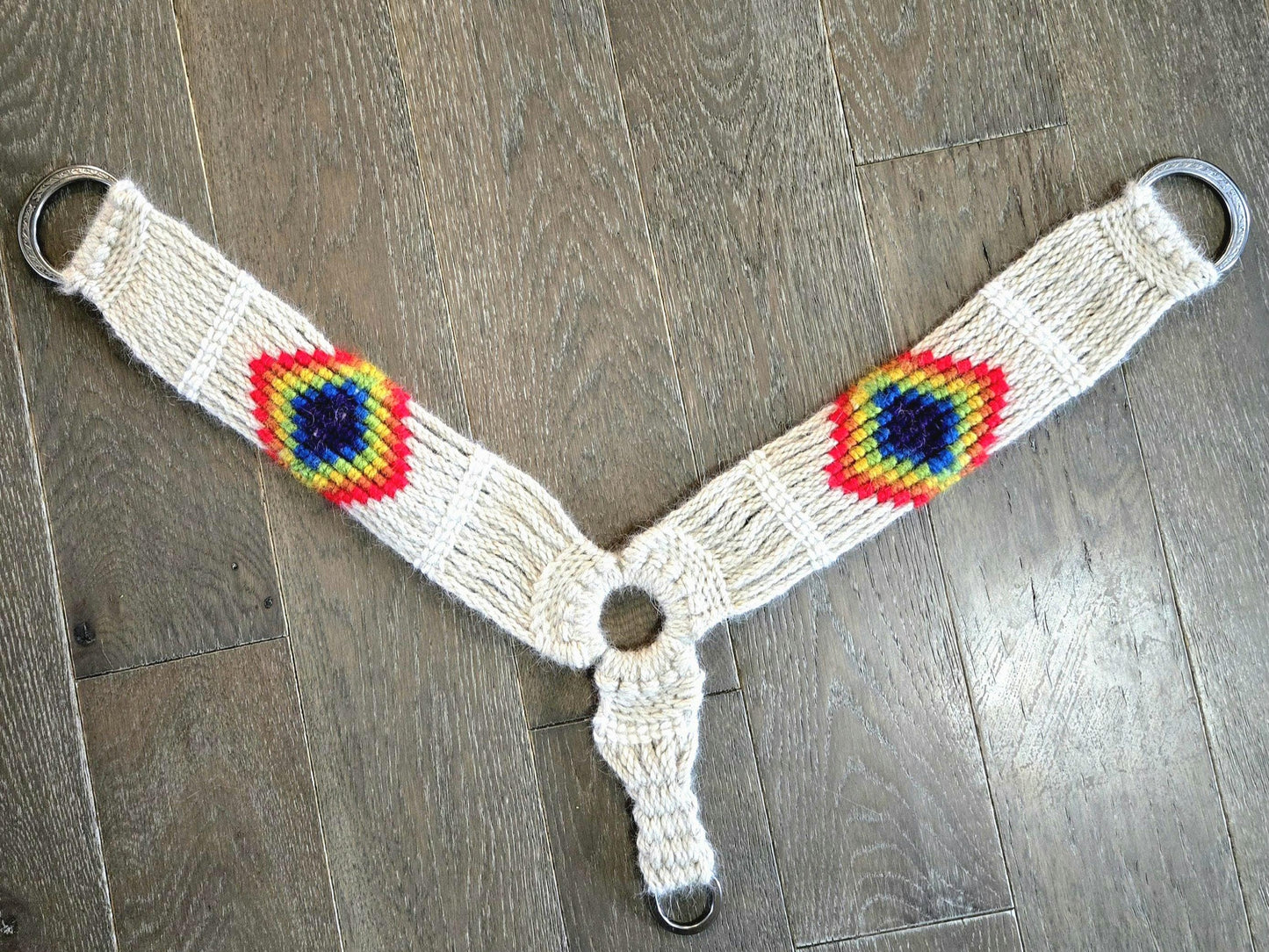 100% Mohair Breast Collar, Equestrian Tack Set for Western Horseback Riding, w/ Stainless Steel Buckles + Herman Oak Leather Tugs, Rainbow