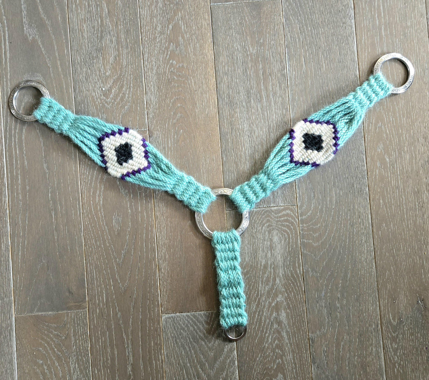 100% Mohair Western Horseback Riding Breast Collar w/ Stainless Steel Rings + Buckles, Handmade, w Herman Oak Leather Tugs, Mint evil eye
