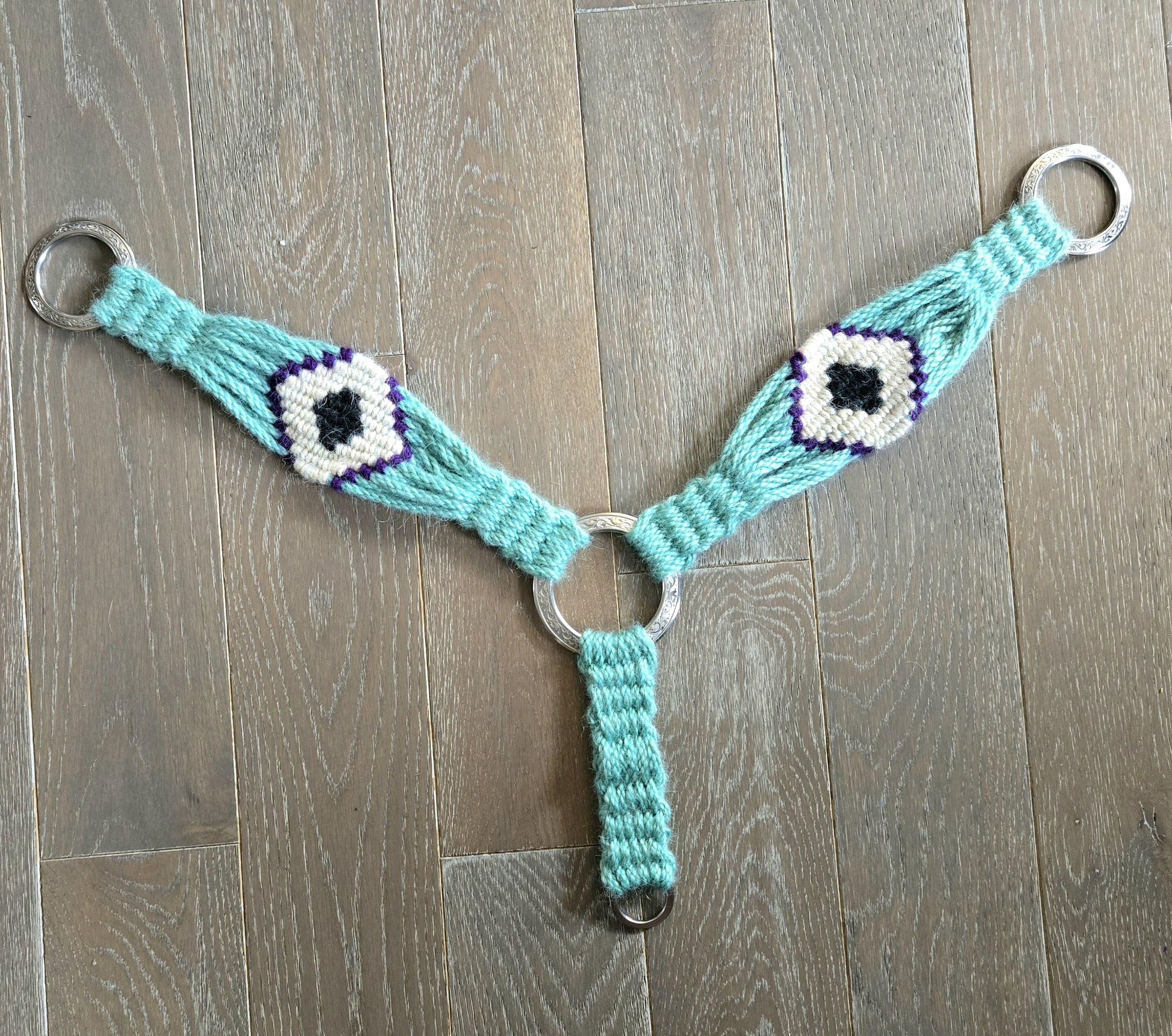 100% Mohair Western Horseback Riding Breast Collar w/ Stainless Steel Rings + Buckles, Handmade, w Herman Oak Leather Tugs, Mint evil eye