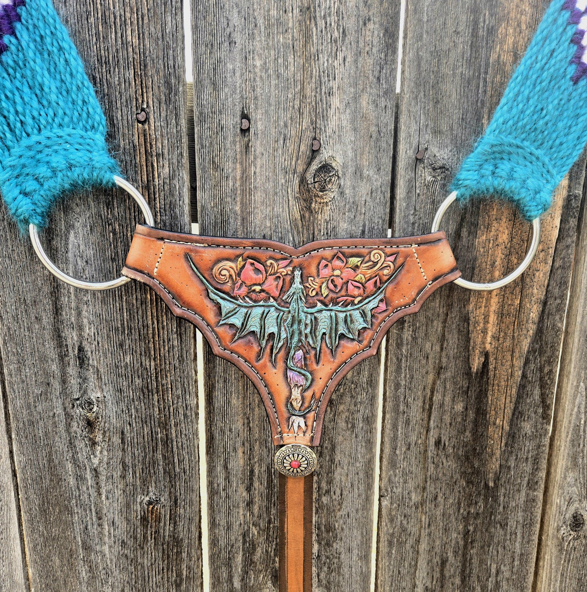 Mohair Gladiator Style Western Horseback Riding Breast Collar w Stainless Steel Rings + Buckles + Herman Oak Leather Tugs, Equestrian Gift