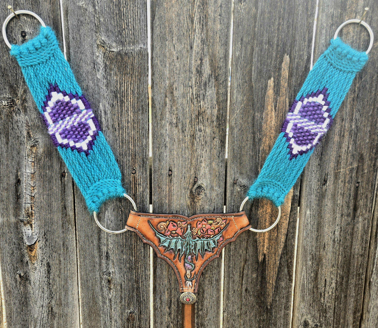 Mohair Gladiator Style Western Horseback Riding Breast Collar w Stainless Steel Rings + Buckles + Herman Oak Leather Tugs, Equestrian Gift