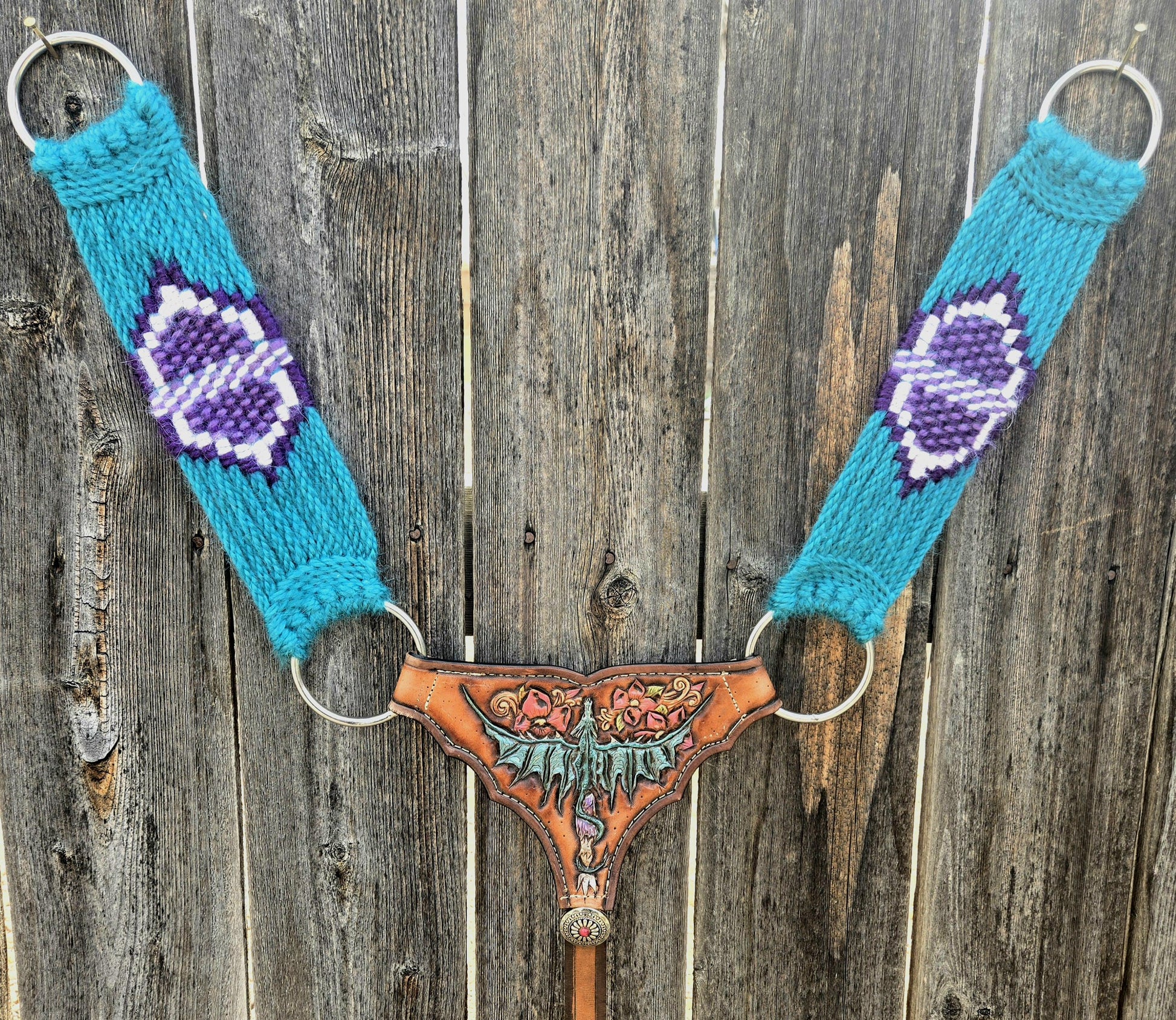 Mohair Gladiator Style Western Horseback Riding Breast Collar w Stainless Steel Rings + Buckles + Herman Oak Leather Tugs, Equestrian Gift