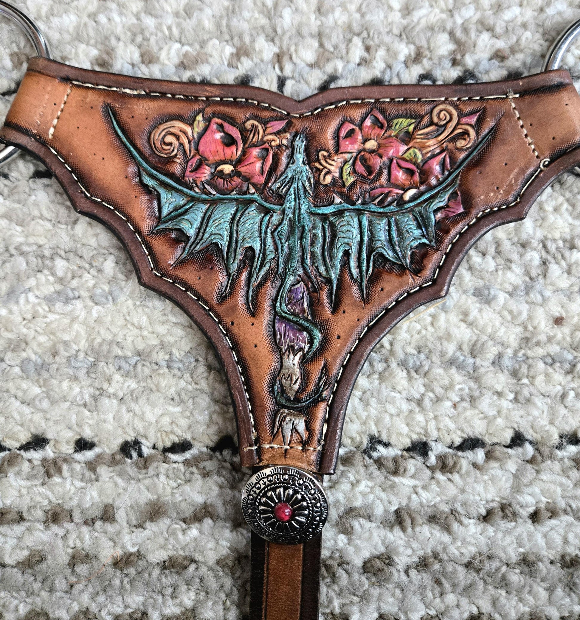 Mohair Gladiator Style Western Horseback Riding Breast Collar w Stainless Steel Rings + Buckles + Herman Oak Leather Tugs, Equestrian Gift