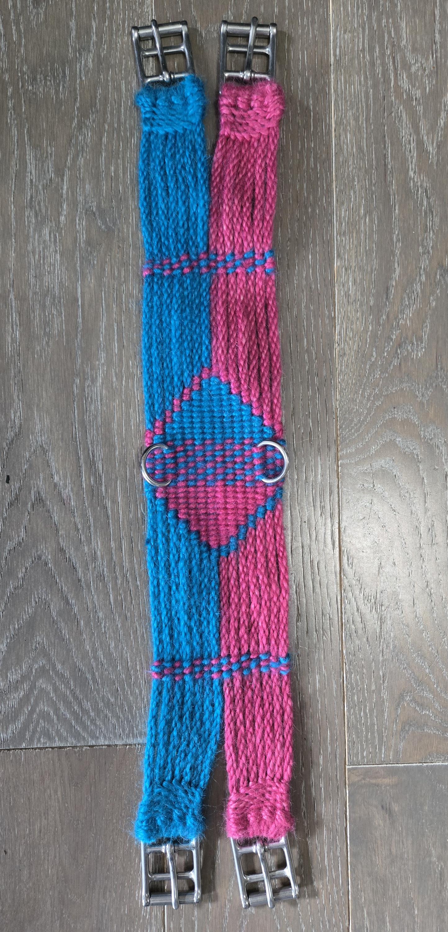 24" Dressage Girth for Horseback Riding, Handmade from 100% Mohair Cord with Stainless Steel Buckles and D Rings, Blue and Pink