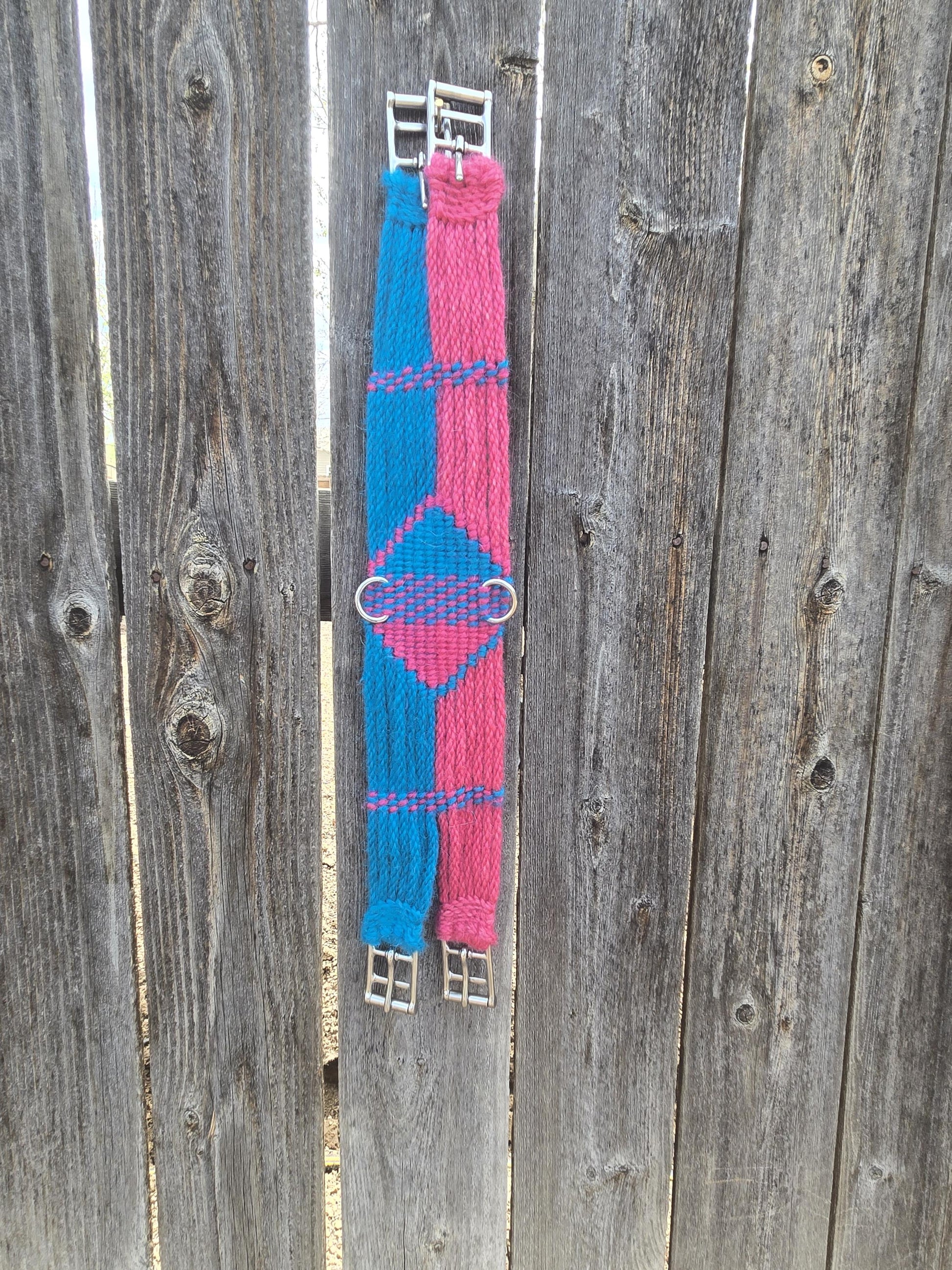 24" Dressage Girth for Horseback Riding, Handmade from 100% Mohair Cord with Stainless Steel Buckles and D Rings, Blue and Pink
