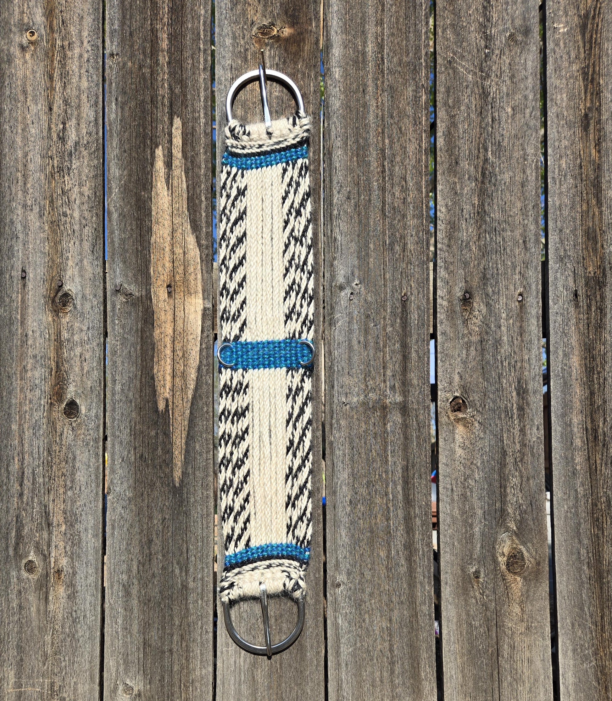 29" Mohair Cinch with Stainless Steel Buckles, for Western Horseback Riding, Handmade from 100% Woven Mohair Cord, black tan and blue