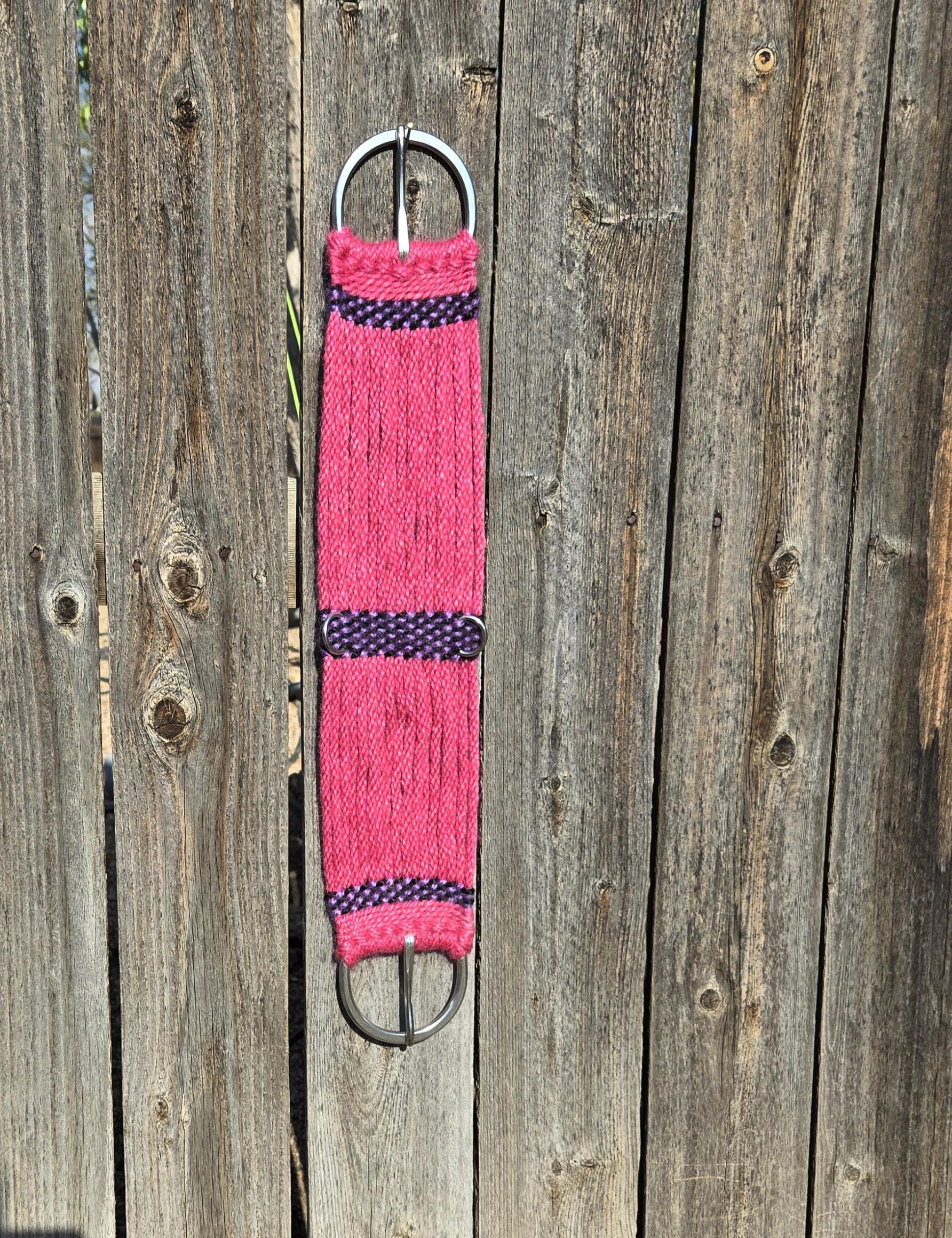 25" Mohair Cinch with Stainless Steel Buckles, for Western Horseback Riding, Handmade from 100% Woven Mohair Cord, pink purple and black