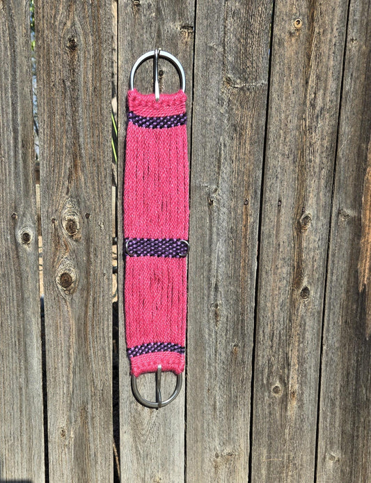 25" Mohair Cinch with Stainless Steel Buckles, for Western Horseback Riding, Handmade from 100% Woven Mohair Cord, pink purple and black