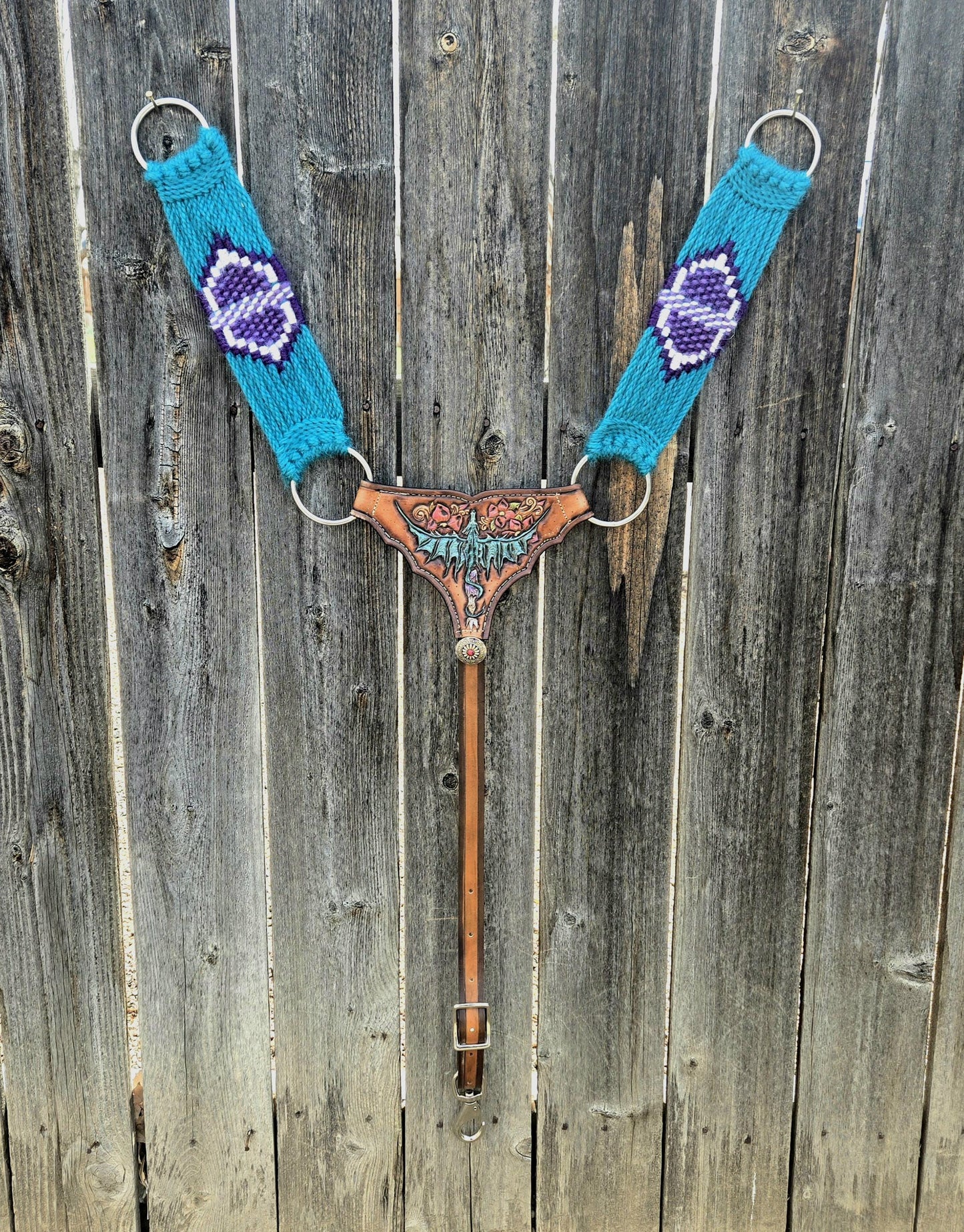 Mohair Gladiator Style Western Horseback Riding Breast Collar w Stainless Steel Rings + Buckles + Herman Oak Leather Tugs, Equestrian Gift