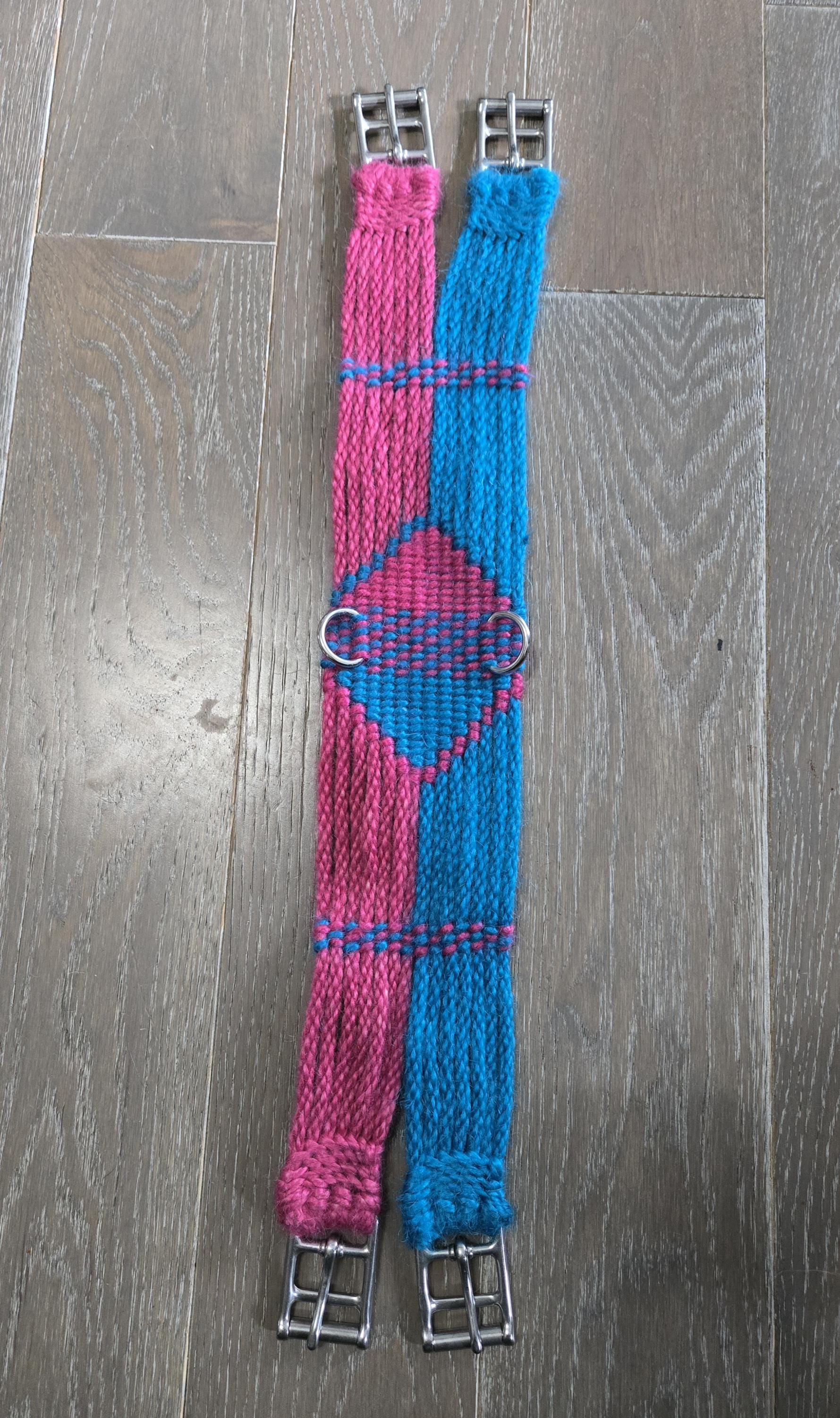 24" Dressage Girth for Horseback Riding, Handmade from 100% Mohair Cord with Stainless Steel Buckles and D Rings, Blue and Pink