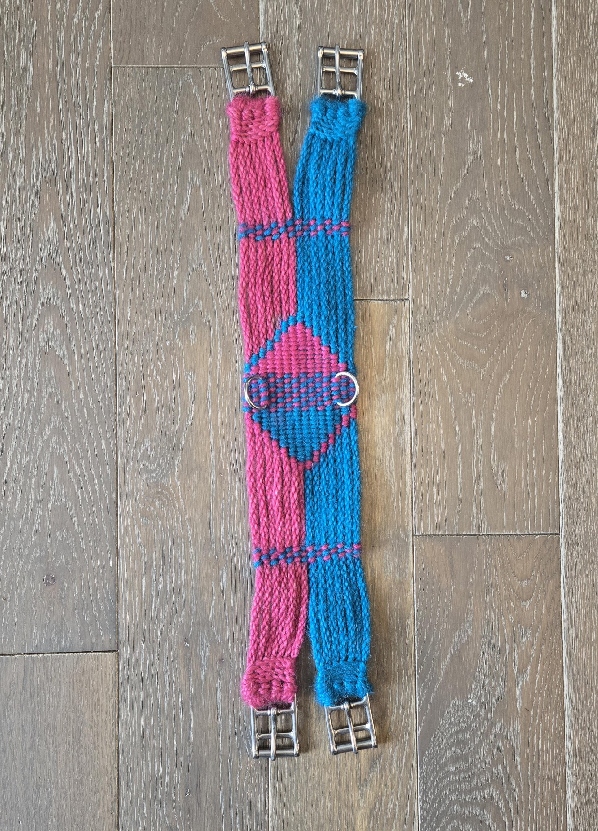 24" Dressage Girth for Horseback Riding, Handmade from 100% Mohair Cord with Stainless Steel Buckles and D Rings, Blue and Pink