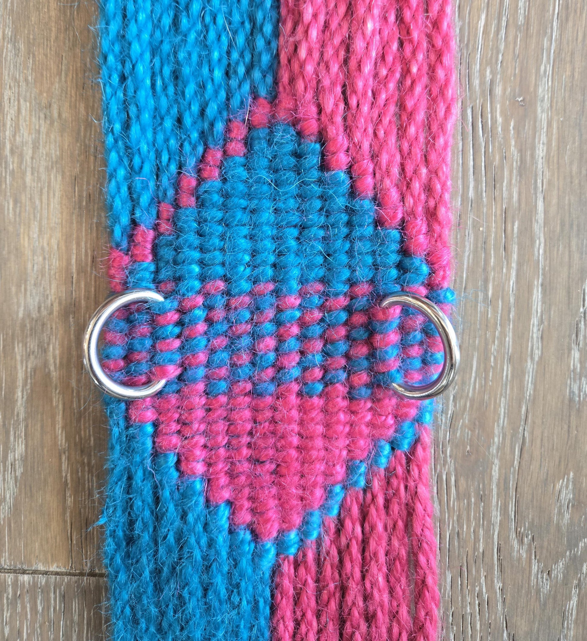24" Dressage Girth for Horseback Riding, Handmade from 100% Mohair Cord with Stainless Steel Buckles and D Rings, Blue and Pink