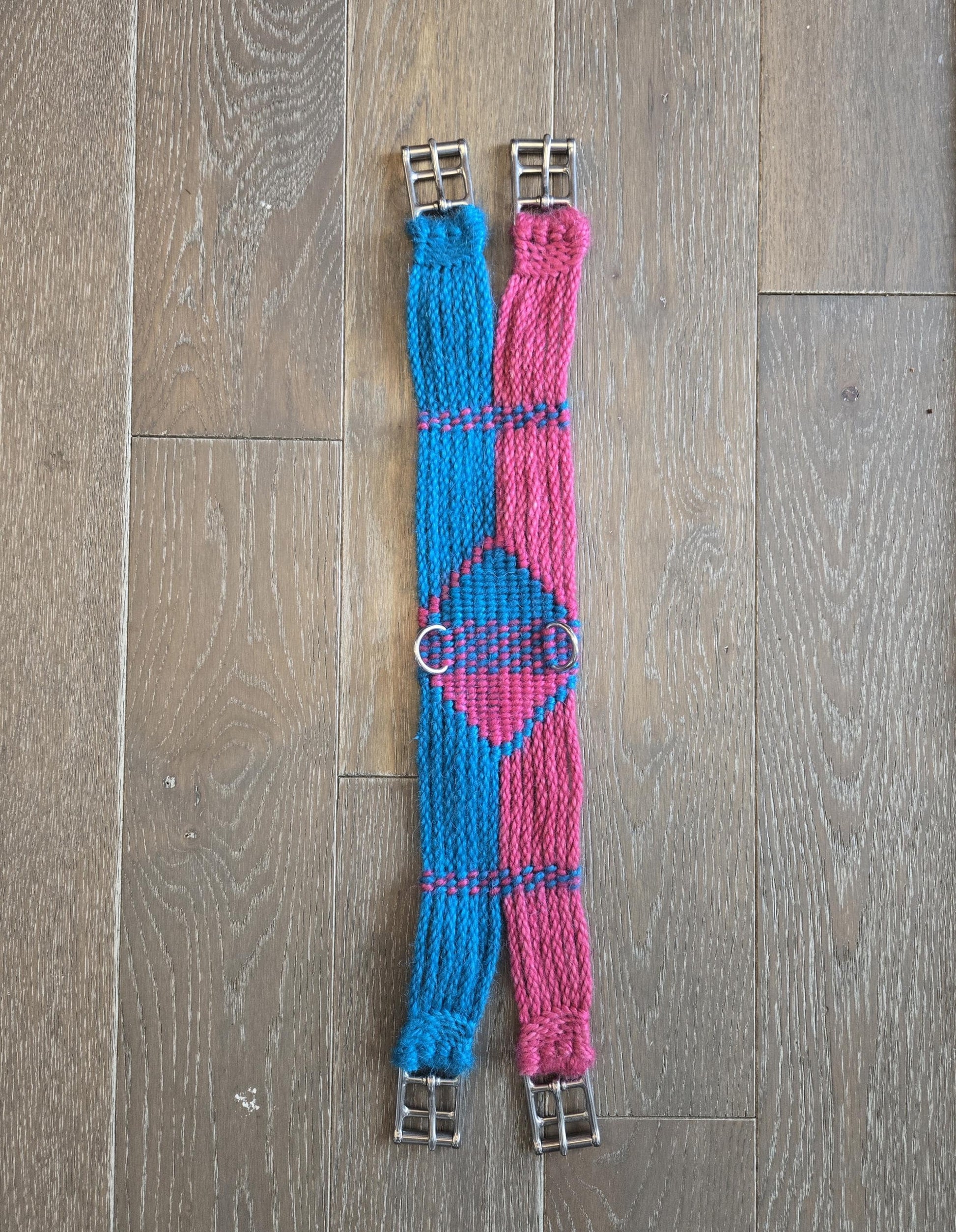 24" Dressage Girth for Horseback Riding, Handmade from 100% Mohair Cord with Stainless Steel Buckles and D Rings, Blue and Pink