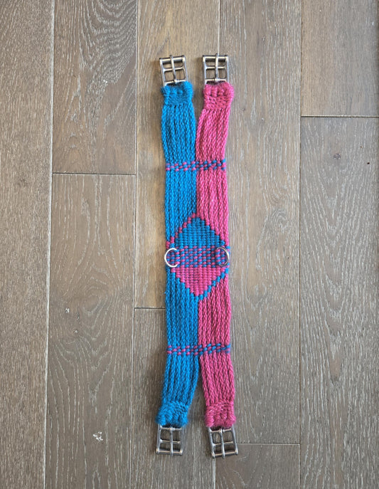 24" Dressage Girth for Horseback Riding, Handmade from 100% Mohair Cord with Stainless Steel Buckles and D Rings, Blue and Pink